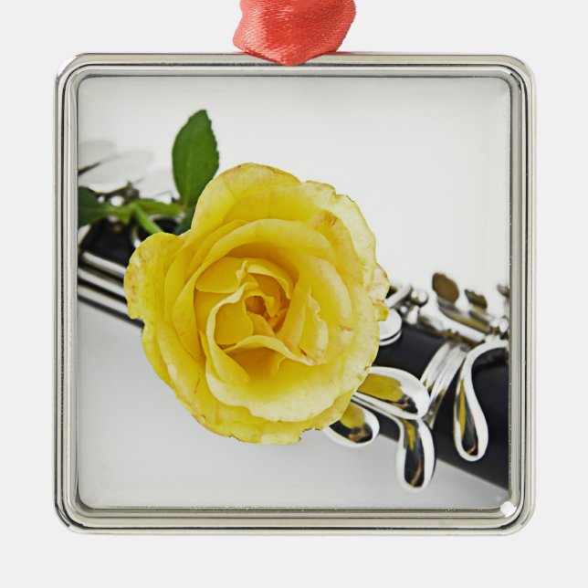 Clarinet und gelbe Rosen-Verzierung Silbernes Ornament (Vorne)