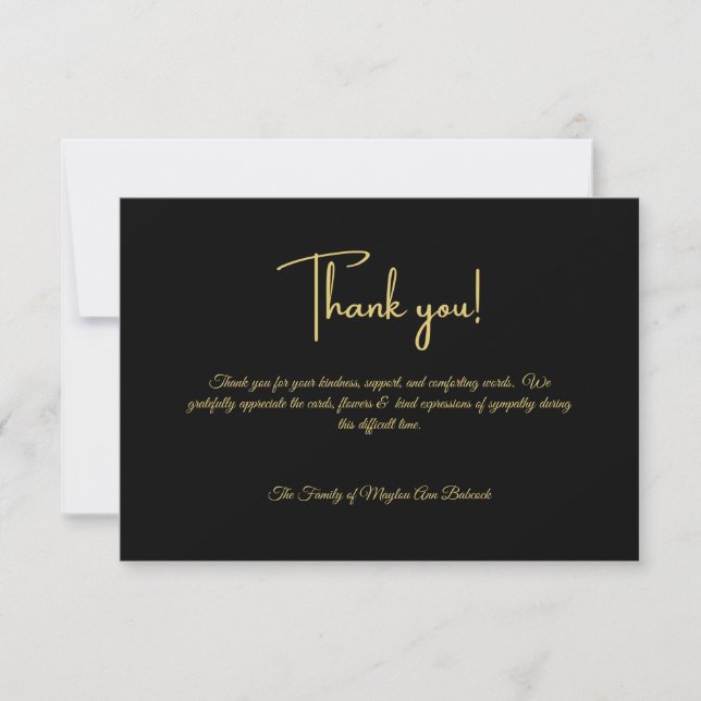 Clasic Black und Gold Black Personalisiert Beileid Dankeskarte (Vorderseite)