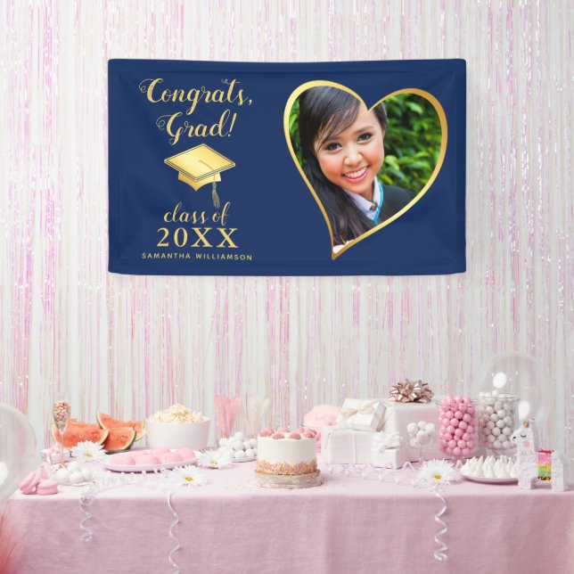 Class 2025 Foto Blue and Gold Abschluss Banner (Party)