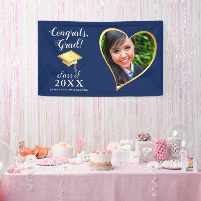 Class 2025 Foto Blue Gold White Abschluss Banner (Party)