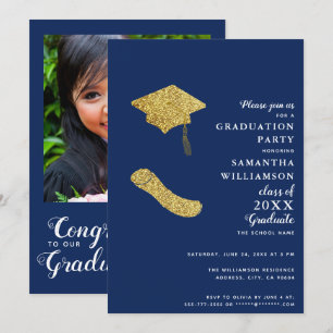 Class 2025 Navy Blue White Gold Foto Abschluss Einladung