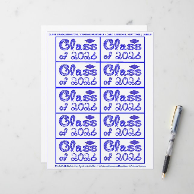 Class of 2026 Graduation Blue Tag Captions Paper (Vorderseite/Rückseite Beispiel)