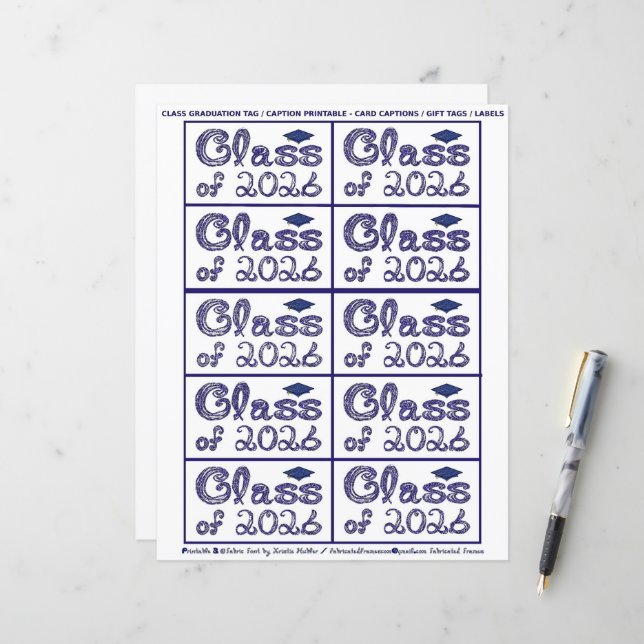 Class of 2026 Graduation Navy Blue Tag Captions (Vorderseite/Rückseite Beispiel)