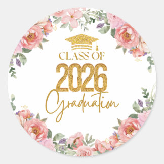 Class of 2026, Pink Gold Floral Theme Runder Aufkleber