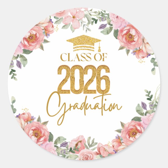 Class of 2026, Pink Gold Floral Theme Runder Aufkleber (Vorderseite)