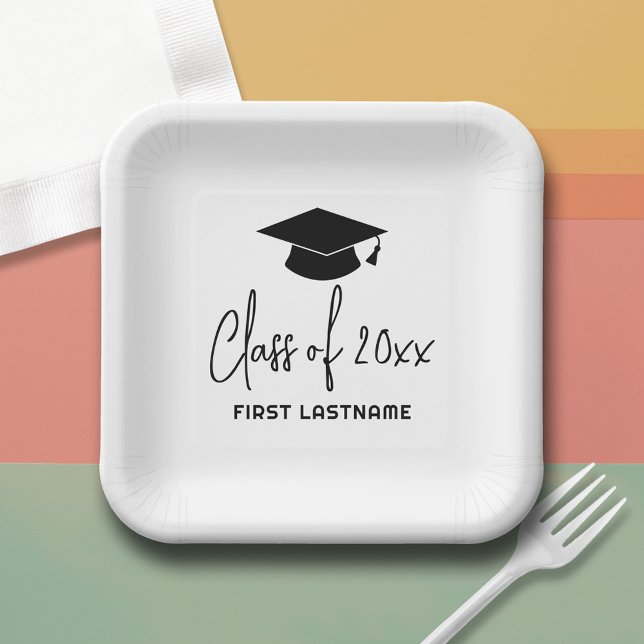 Class of 20xx Trendy Script and Name - Black White Pappteller (Custom Paper Plate)