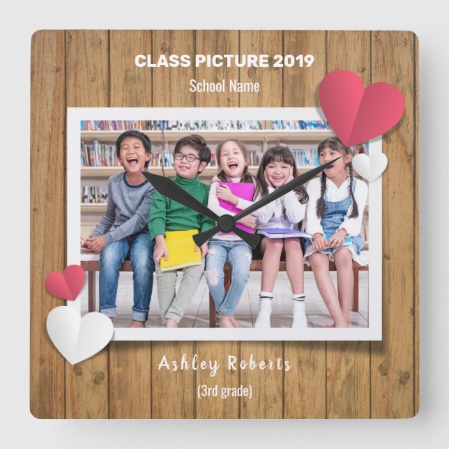 Class picture wooden photo frame Square Wall Clock Quadratische Wanduhr (Vorderseite)