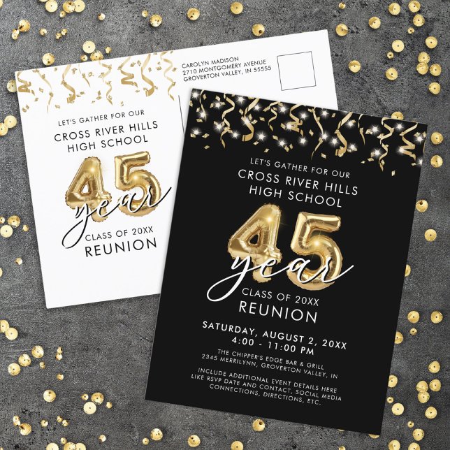 Class Wiedersehen 45 Year Black Gold Ballons laden Postkarte (Von Creator hochgeladen)