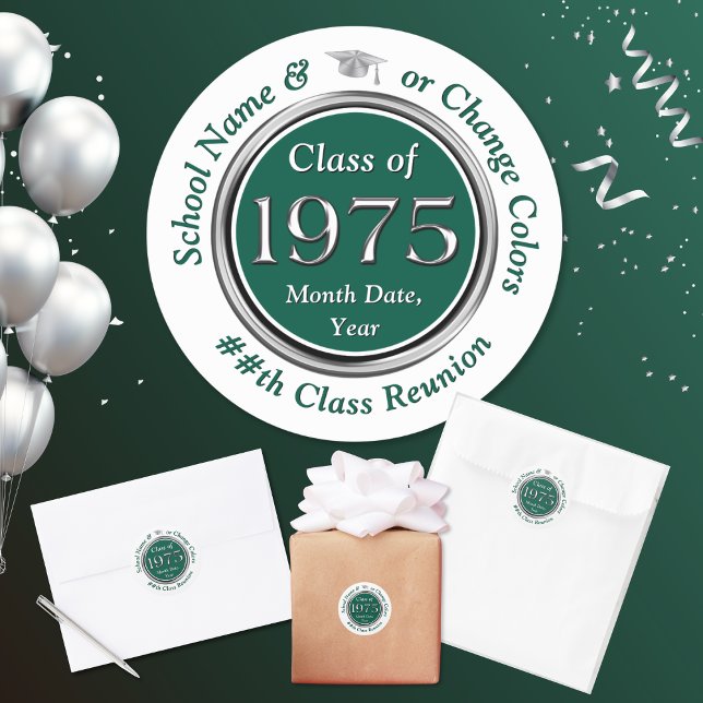 Classe de 1975 Stickers Réunion ou design TRANSFER (Forest Green, White and Silver, Class of 1975 Stickers. Class of 75 party supplies for party bags.)