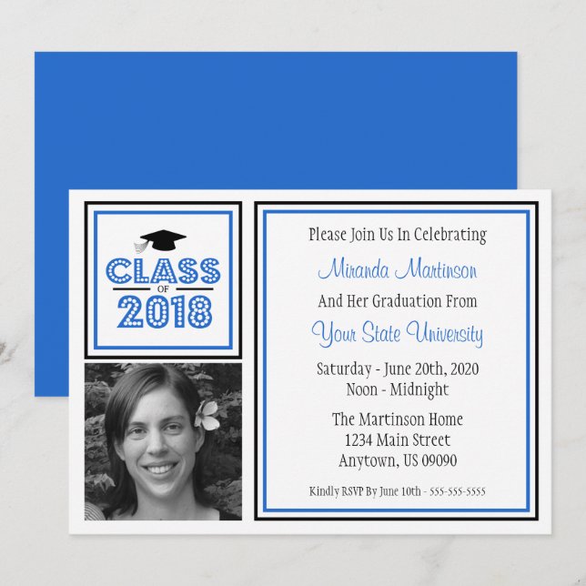 Classe De 2018 Photo Graduation Invitation (Bleu) (Devant / Derrière)