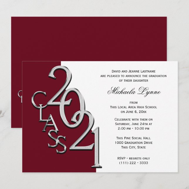 Classe de 2021 Grad Silver and Burgundy Invitation (Devant / Derrière)