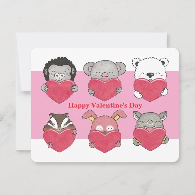 Classe Enfants Valentine Animal Hearts Carte Plat (Devant)