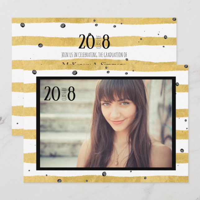 Classe or et noir moderne des invitations photo (Devant / Derrière)