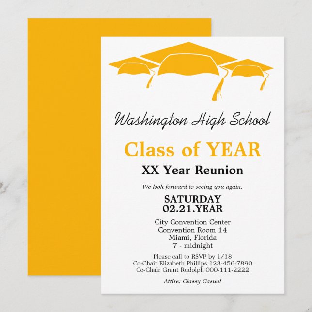 Classe Réunion Orange Graduation Caps Invitation (Devant / Derrière)