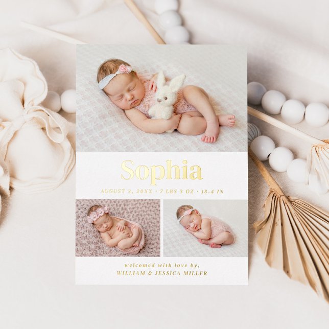 Classic 3 Foto Collage Geburtsankündigung Folieneinladung (Von Creator hochgeladen)