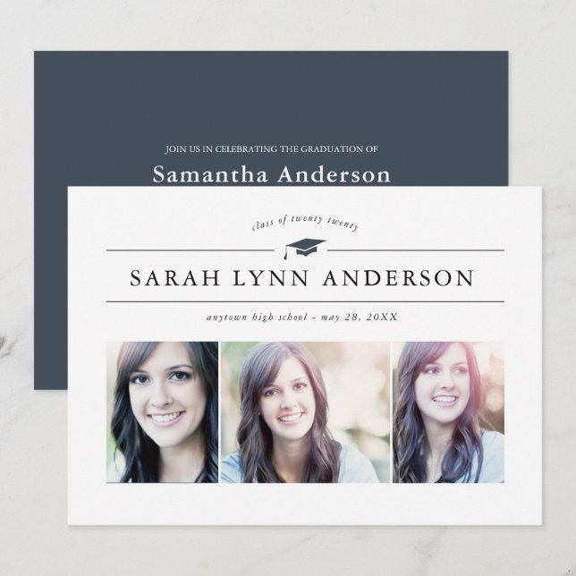 Classic 3 Photo Graduation Party Invitation (Devant / Derrière)