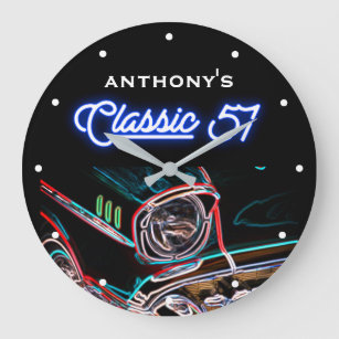 Classic 57 1957 Chevy Neon Effect Car Black Retro Große Wanduhr