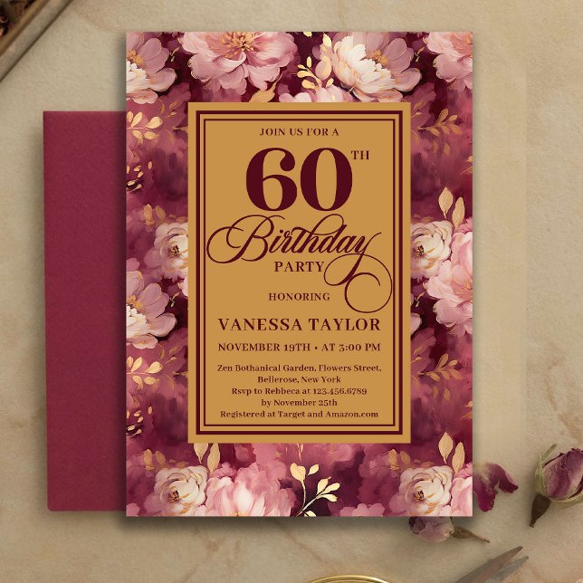 Classic 60th Birthday Deep Red Blush Gold Invites Einladung (Classic 60th Birthday Deep Red Blush Gold Invitation)
