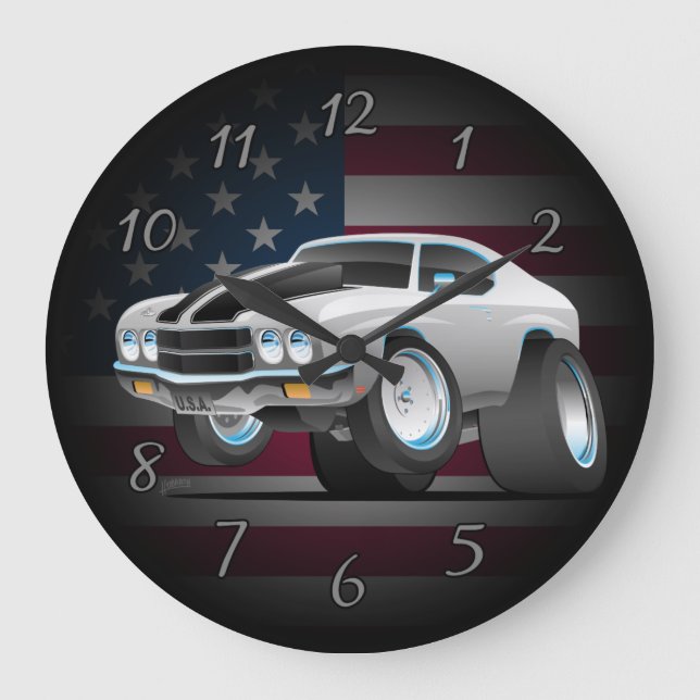 Classic 70’s American Muscle Car Cartoon Große Wanduhr (Vorderseite)
