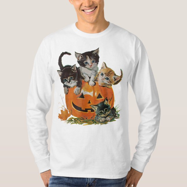 Classic 90s Cat Pumpkin Halloween Retro Floral Spo T-Shirt (Vorderseite)