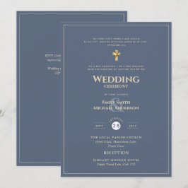 CLASSIC All-in-1 Dusty Blue Gold Katholic Wedding Einladung