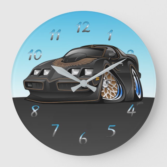Classic American Black Muscle Car Cartoon Große Wanduhr (Vorderseite)
