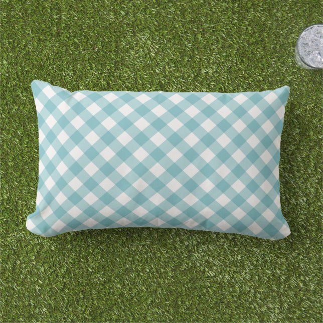 Classic Aqua Blue Gingham Kariertes Muster Kissen Für Draußen (Gras)