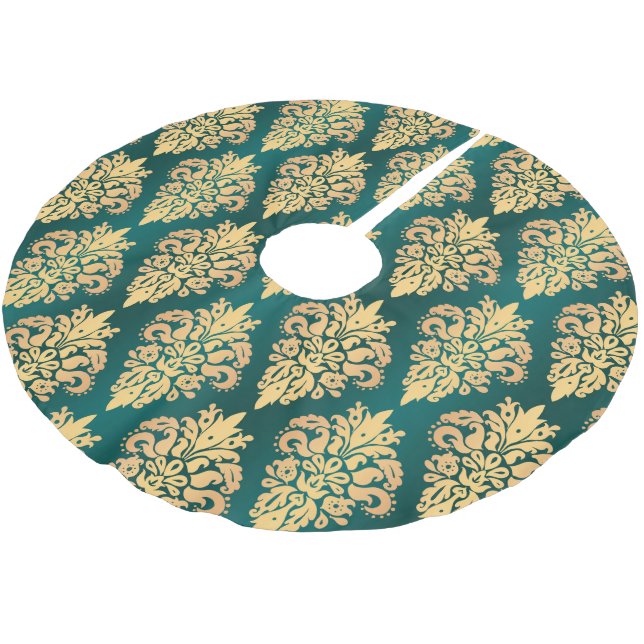 Classic Aquamarin Green Gold Damask Weihnachtsmust Polyester Weihnachtsbaumdecke (Schrägansicht)
