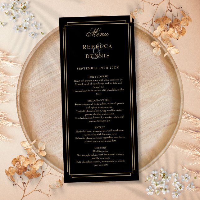 Classic Art Deco Black and Gold Wedding Menükarte (Classic Art Deco Black And Gold Wedding Menu)