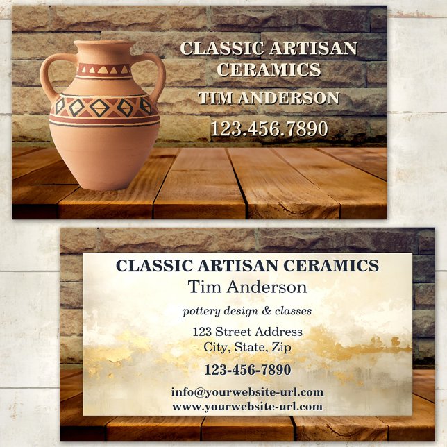 Classic Artisan Keramik Pottery Business Card Visitenkarte (Classic business card featuring a Roman urn on rustic wood - ceramic artist - pottery classes)