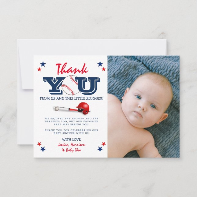Classic Baseball Boy Baby Shower Foto Dankeskarte (Vorderseite)