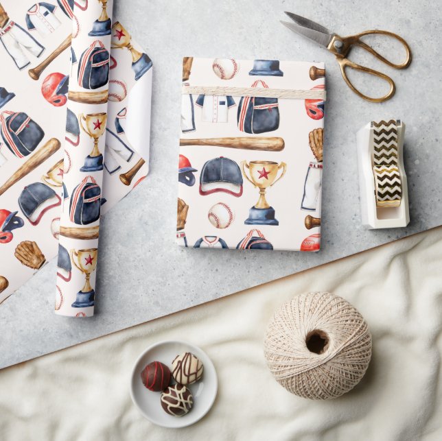 Classic Baseball Gear Watercolor Design Wrap Geschenkpapier (Kunsthandwerk)