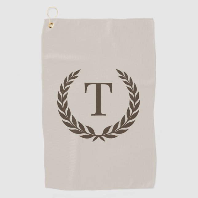 Classic Beige & Dark Brown Initial Laurel Monogram Golfhandtuch (Vorderseite)