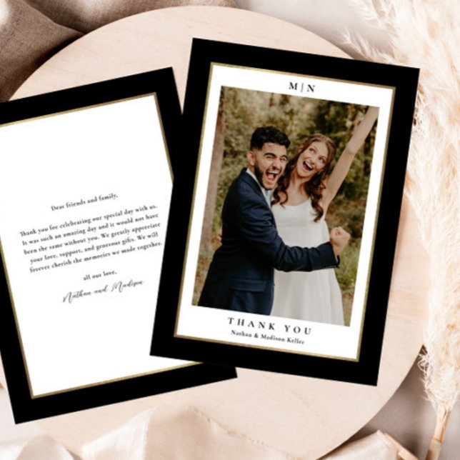 Classic Black and Gold Wedding Foto Dankeskarte (Elegant black and gold wedding photo thank you card.)