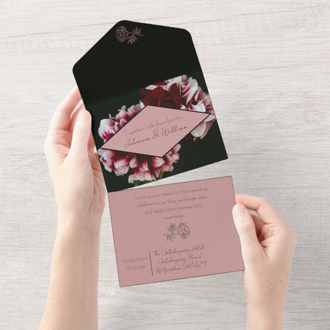 Classic Black and Pink Peonies Wedding All In One Einladung (Abreißtisch)