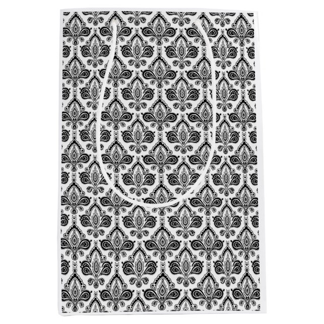 Classic Black and White Damask Textile Pattern Mittlere Geschenktüte (Vorderseite)