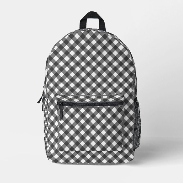 Classic Black And White Diagonal Gingham Plaid Bedruckter Rucksack (Vorderseite)