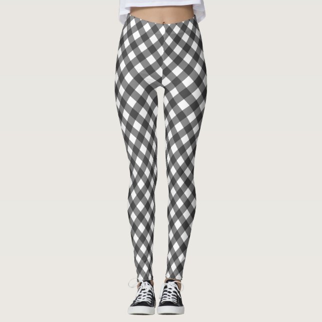 Classic Black And White Diagonal Gingham Plaid Leggings (Vorderseite)