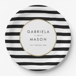 Classic Black and White Stripe Gold Wedding Pappteller