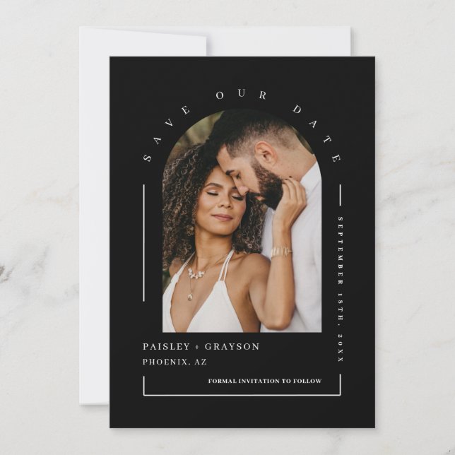 Classic Black Arch Foto QR Code Rettete Unser Datu Einladung (Vorderseite)