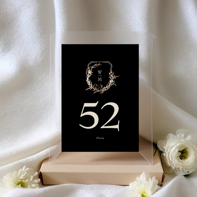 Classic Black & Cream Monogram Gold Wreath Wedding Tischnummer (Von Creator hochgeladen)
