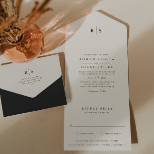 Classic Black & Ecru Monogram Wedding All In One Einladung