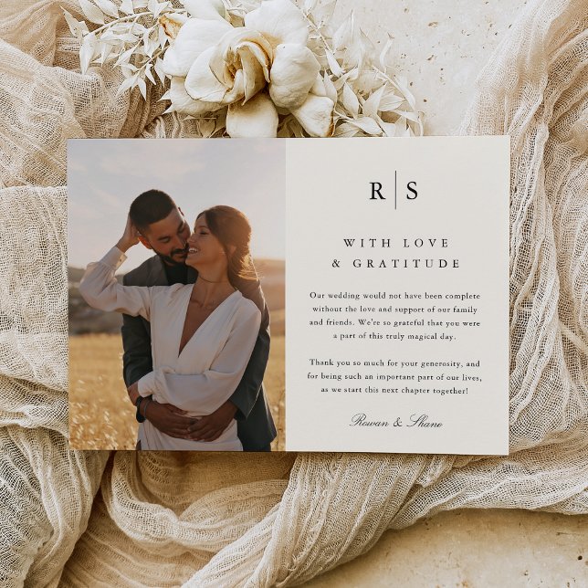 Classic Black & Ecru Monogram Wedding Foto Dankeskarte (Von Creator hochgeladen)