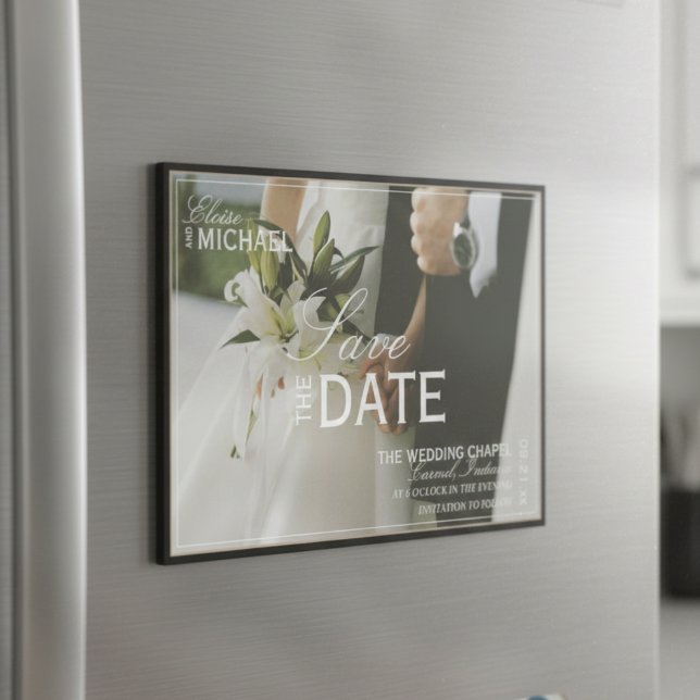 Classic Black Editorial Photo Save the Date Magnetkarte (Invite guests to your formal affair with this Classic Black Editorial Photo Save the Date Card!)