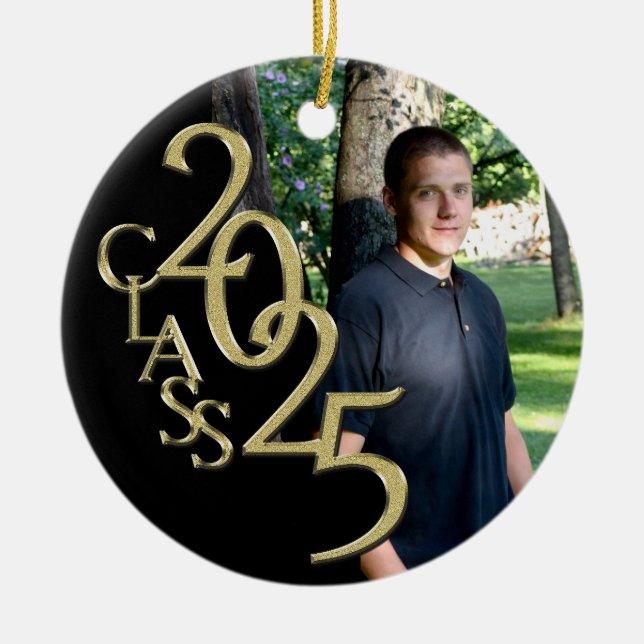 Classic Black Gold 2025 Graduate Foto Keramik Ornament (Vorne)