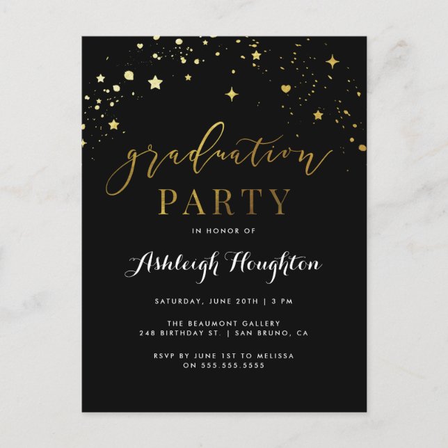Classic Black & Gold Confetti Graduation Party Einladungspostkarte (Vorderseite)