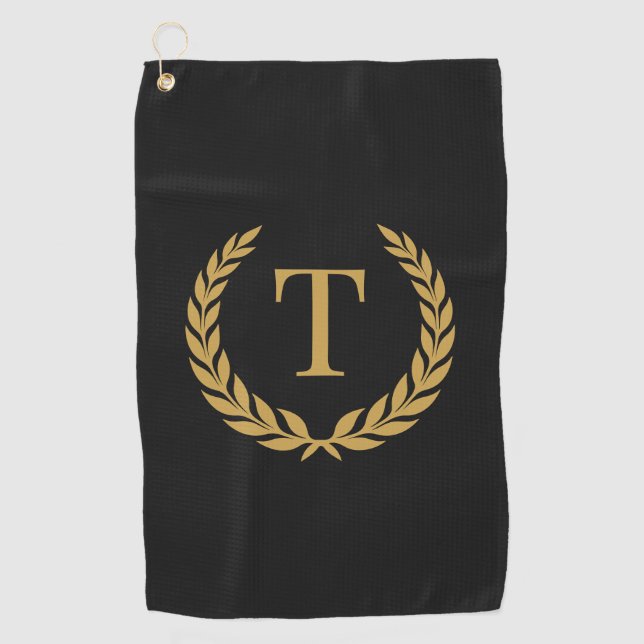 Classic Black & Gold Initial Laurel Monogram Golfhandtuch (Vorderseite)