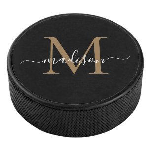 Classic Black Gold Monogram Girly Feminine Script Eishockey Puck