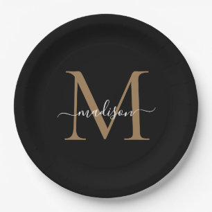 Classic Black Gold Monogram Modern Script Name Pappteller