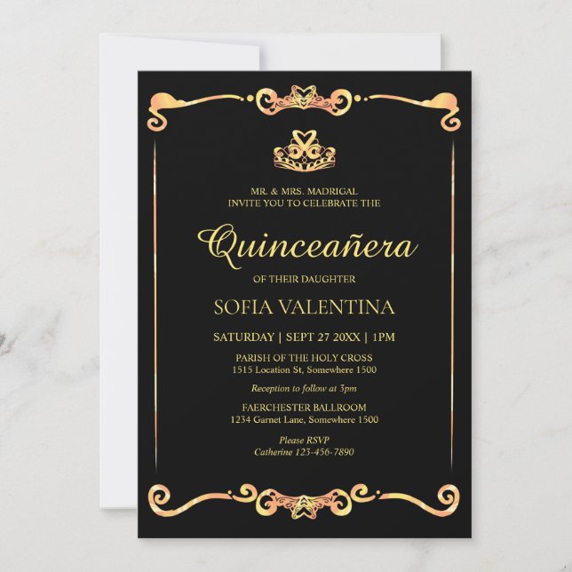 Classic Black Gold Quinceanera Einladung (Vorderseite)